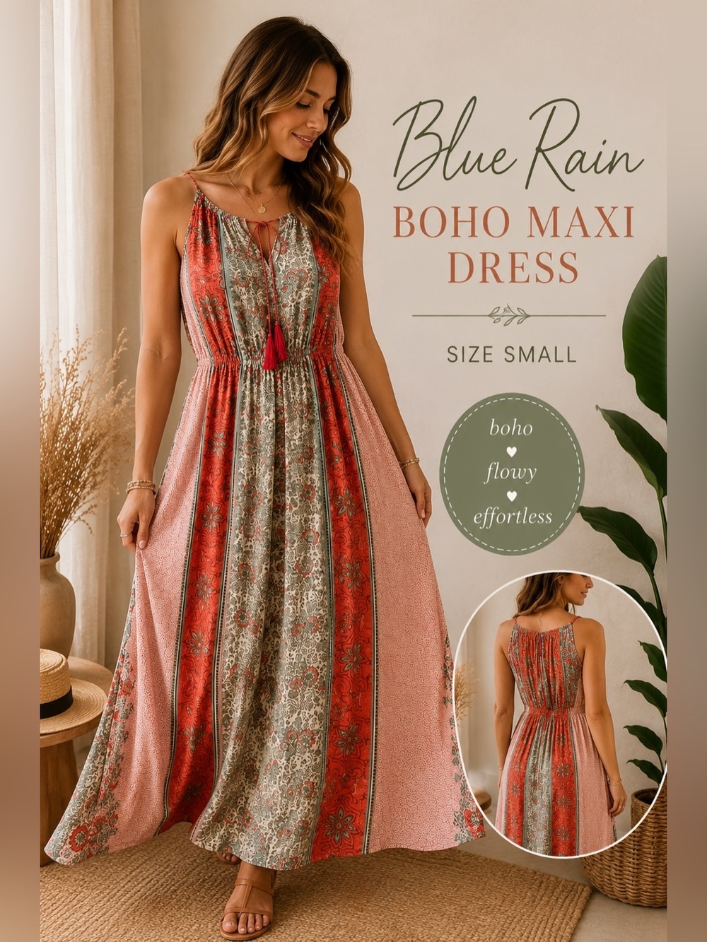 Blue Rain Boho Patchwork Maxi Dress Tassel Tie Sleeveless Size Small